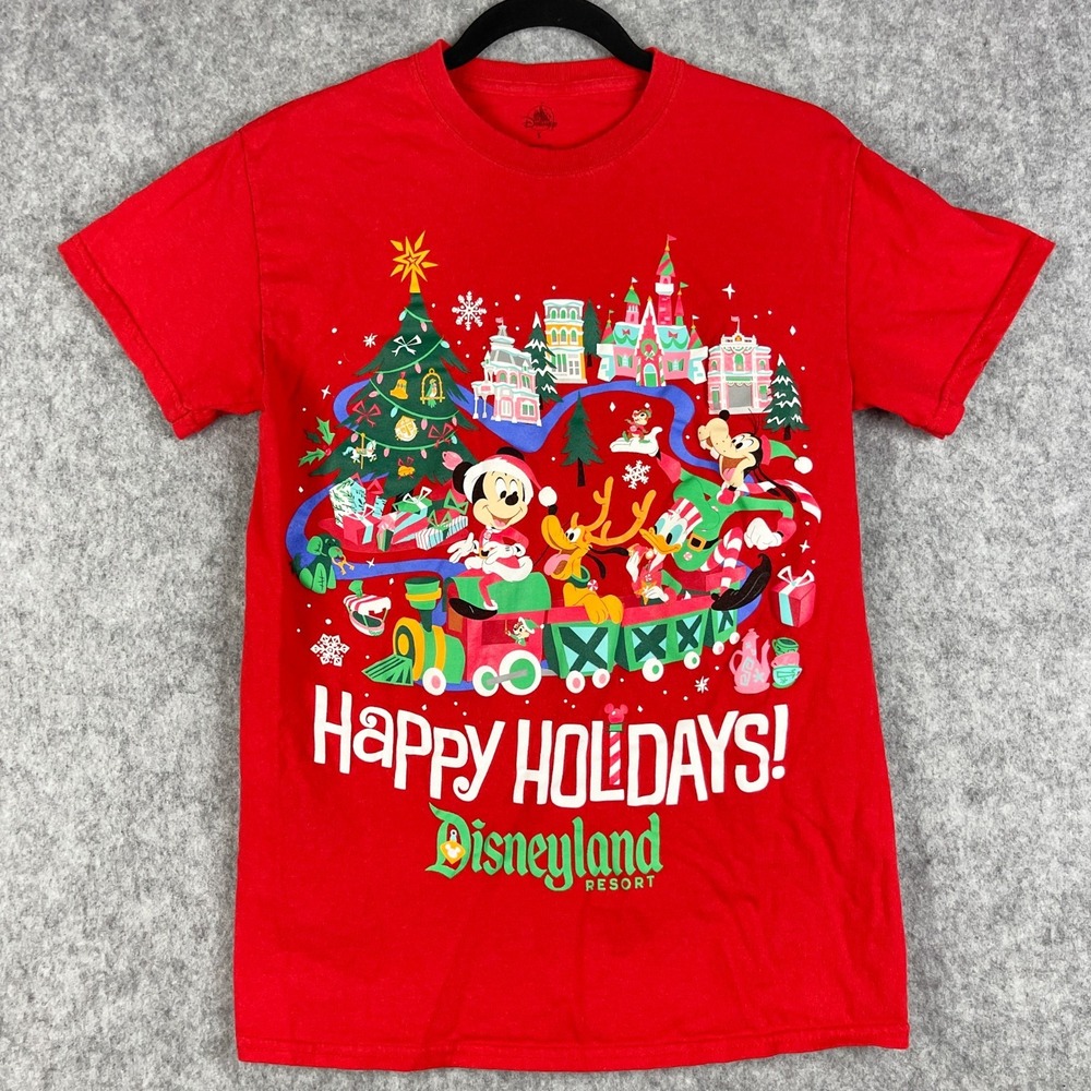 Disneyland Resort Happy Holidays T-Shirt Womens Small Red Mickey Pluto Goofy